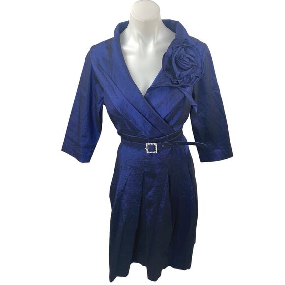 Jessica Howard Blue Taffeta Flower Pleated 3/4 Sleeve Belt Midi A-Line Dress 12P - Picture 1 of 6